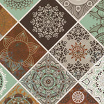 Load image into Gallery viewer, Close-up detail showing individual mandala tiles in sage, rust and dark brown with distressed texture