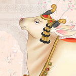 Load image into Gallery viewer, Close-up detail of Pichwai Lotus Court showing the sacred cow and gold ornament