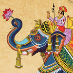 Load image into Gallery viewer, Close-up detail showing the elephant's jewelled headdress, lotus in trunk and turbaned rider with spear
