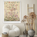 Load image into Gallery viewer, Floral blackout window blind with pink cherry blossoms, blue songbirds and butterflies on an aged cream background - Lolli & Omi