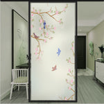 Load image into Gallery viewer, Blossom Birds Frost glass film pattern in pink, green and brown, full design view