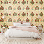 Load image into Gallery viewer, Elegant bedroom with traditional floral wallpaper in red and green motifs on beige background, featuring white and pink bedding, wooden flooring, and minimal decor — perfect for ethnic interior design.