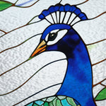 Load image into Gallery viewer, Close-up detail of Stained Peacock Design showing leaded tail feathers and magnolia blooms