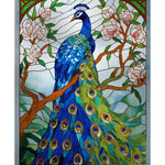 Load image into Gallery viewer, Stained Peacock Design glass film in blue, green and blush pink, full design view