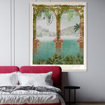 Load image into Gallery viewer, 3D blackout window blind with blossom-covered brick arches opening onto a turquoise lake and misty green mountains - Lolli & Omi