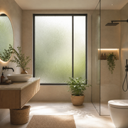 Bright bathroom window covered with decorative privacy glass film from Lolli & Omi