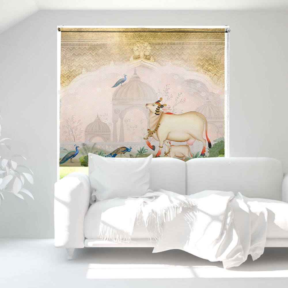 Pichwai blind with sacred cow, peacocks and lotus on blush cream — Lolli & Omi