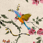 Load image into Gallery viewer, Close-up detail showing a blue and gold macaw in flight beside crimson-centred pink roses