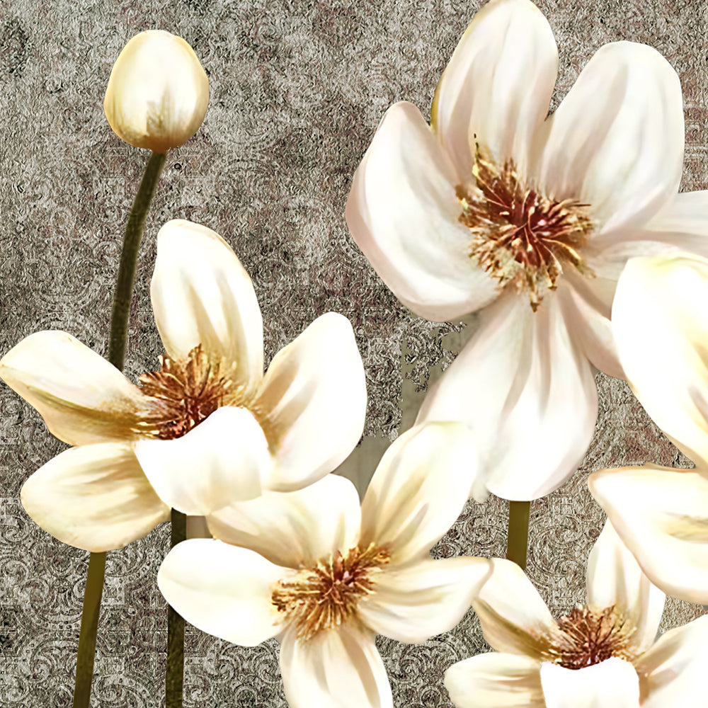 Close-up detail of Vintage Damask Bloom showing anemone petals on damask texture