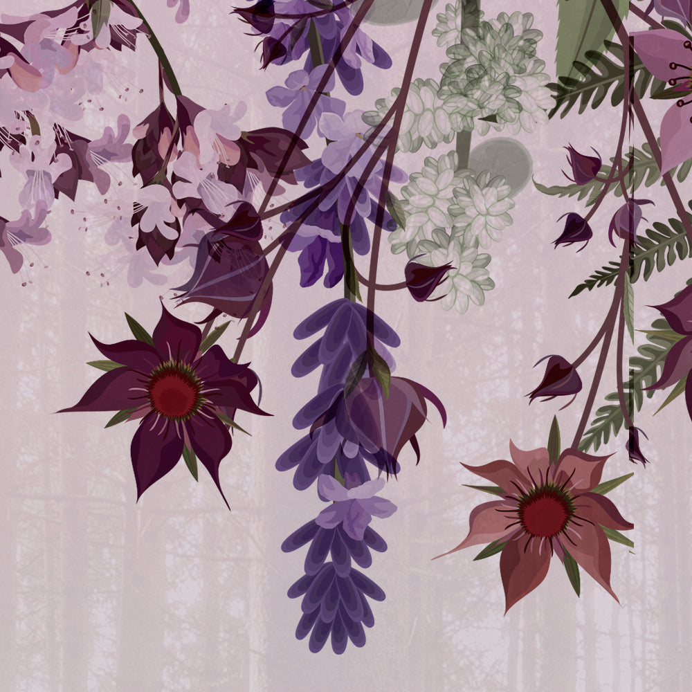 Close-up detail showing wisteria drops, blossom sprays and soft mist between tree trunks