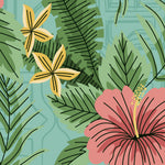 Load image into Gallery viewer, Close-up detail showing a coral hibiscus bloom, yellow star flowers and layered palm leaves in bold graphic linework