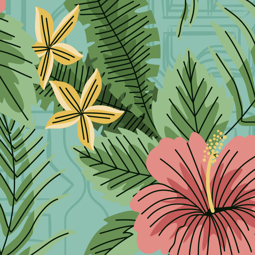 Close-up detail showing a coral hibiscus bloom, yellow star flowers and layered palm leaves in bold graphic linework