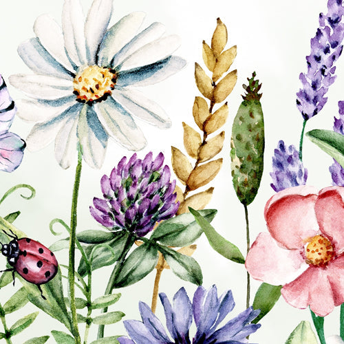 Close-up detail of Watercolor Wildflower Meadow showing wildflowers and insects