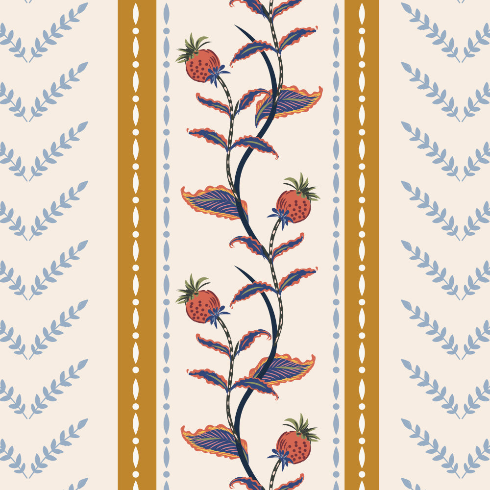 Close-up detail showing a trailing berry vine with ruffled leaves beside mustard and dusty blue stripe bands