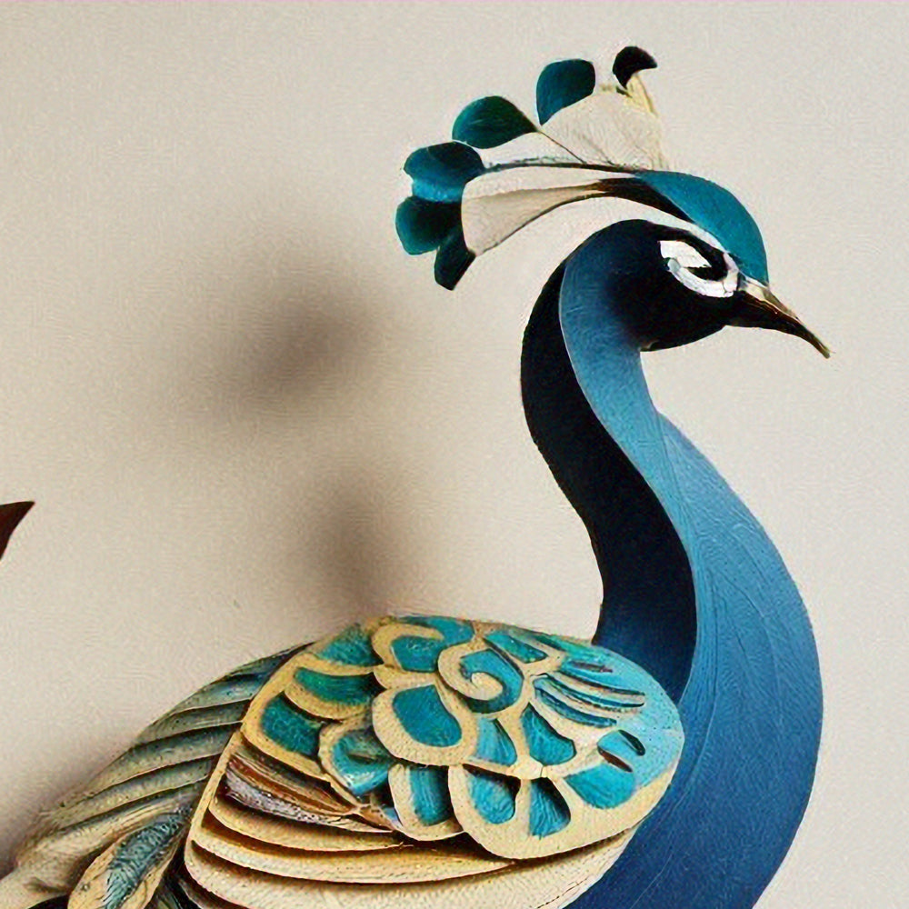 Close-up detail of Golden Peacock Serenade showing layered paper plumage and crest