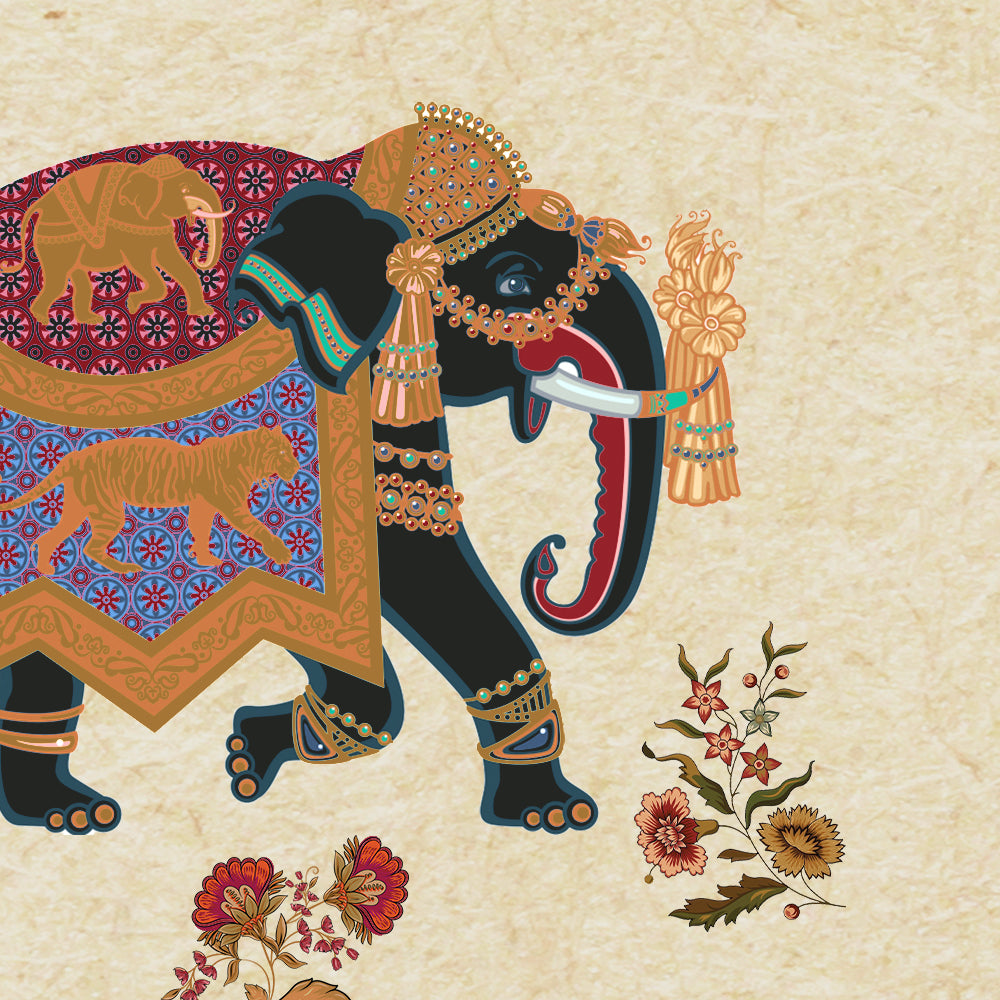 Close-up detail showing a caparisoned elephant with gold howdah cloth, turquoise beading and medallion textile