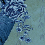 Load image into Gallery viewer, Close-up detail showing navy and white peonies, blue daisies and trailing willow on textured sage