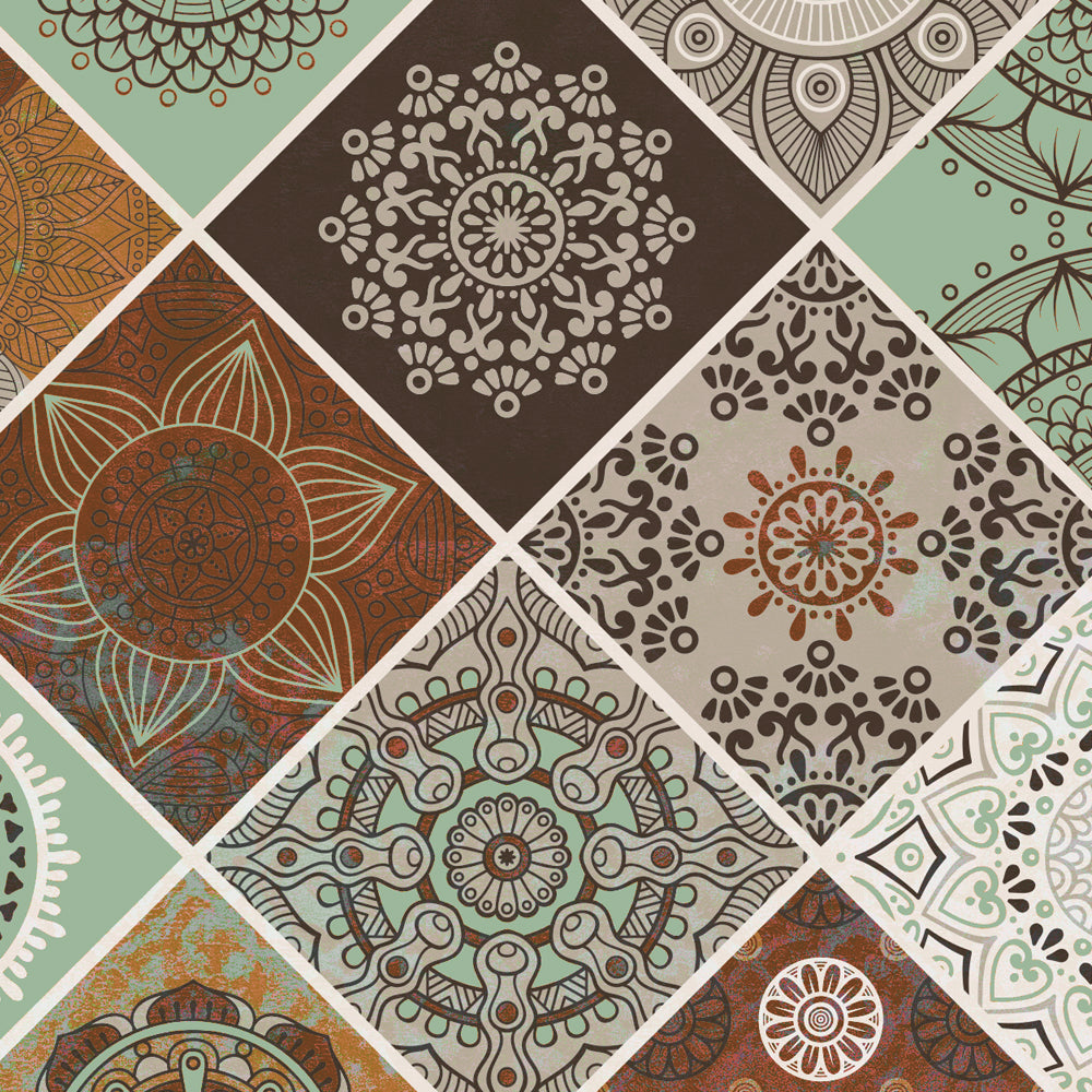 Close-up detail showing individual mandala tiles in sage, rust and dark brown with distressed texture
