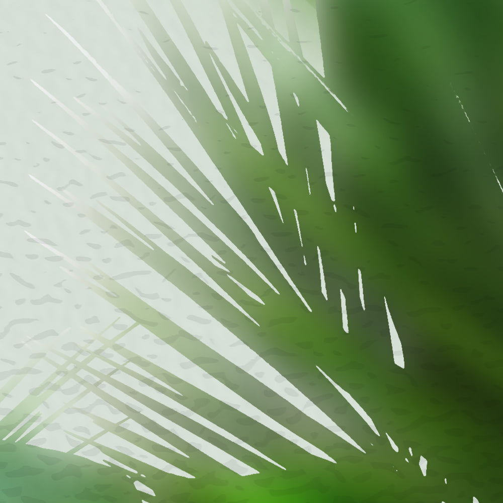 Close-up detail of Sunlit Fern Border showing palm frond against blurred green
