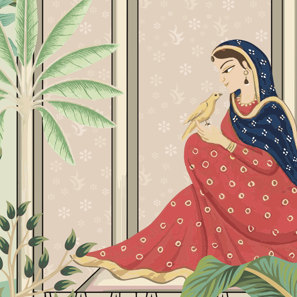 Close-up detail of Rani and the Songbird showing the songbird and patterned sari