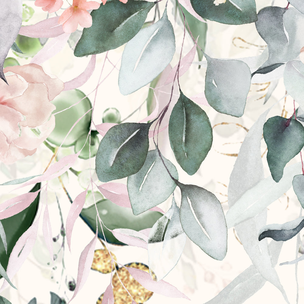Close-up detail showing sage eucalyptus leaves, blush trailing foliage and a soft watercolour peony