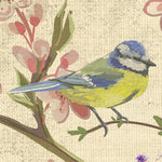 Load image into Gallery viewer, Close-up detail of blossom bird blind showing cherry flowers, a perched bluebird and butterfly on distressed linen texture