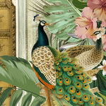 Load image into Gallery viewer, Close-up detail showing a peacock with green and orange eye-spot tail feathers beside pink hibiscus and palm leaves