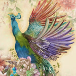 Load image into Gallery viewer, Close-up detail of a watercolour peacock showing teal neck, violet wing feathers and coral tips
