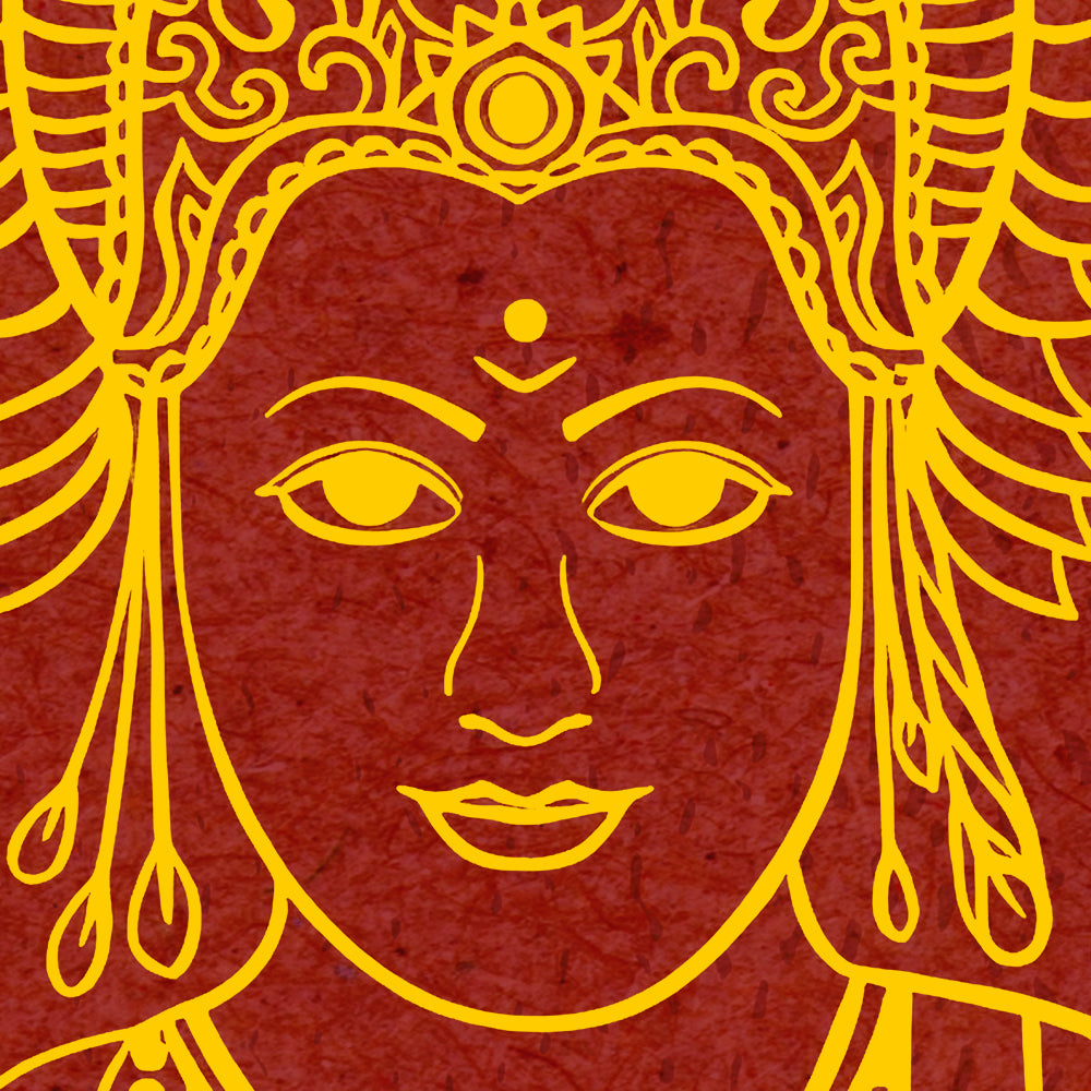 Close-up detail of Veena Saraswati Grace showing gold linework on red