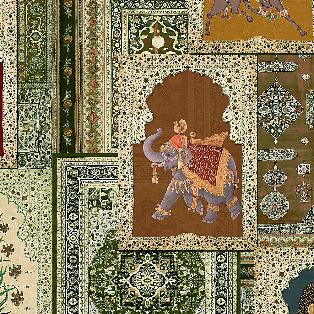 Close-up detail showing a caparisoned elephant framed in an arched niche among ornate carpet borders