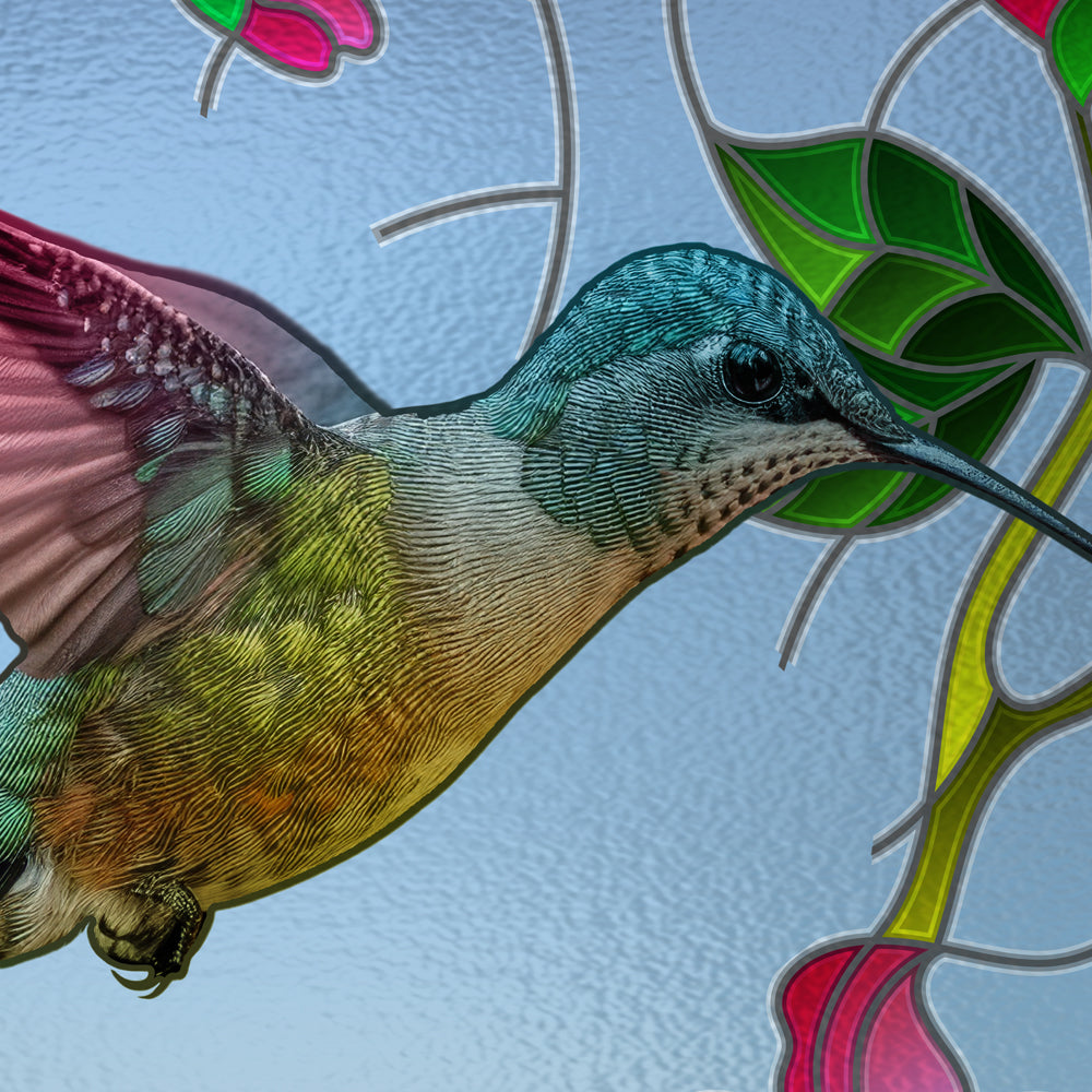 Close-up detail of Hummingbird Bloom showing hummingbird and leaded outlines