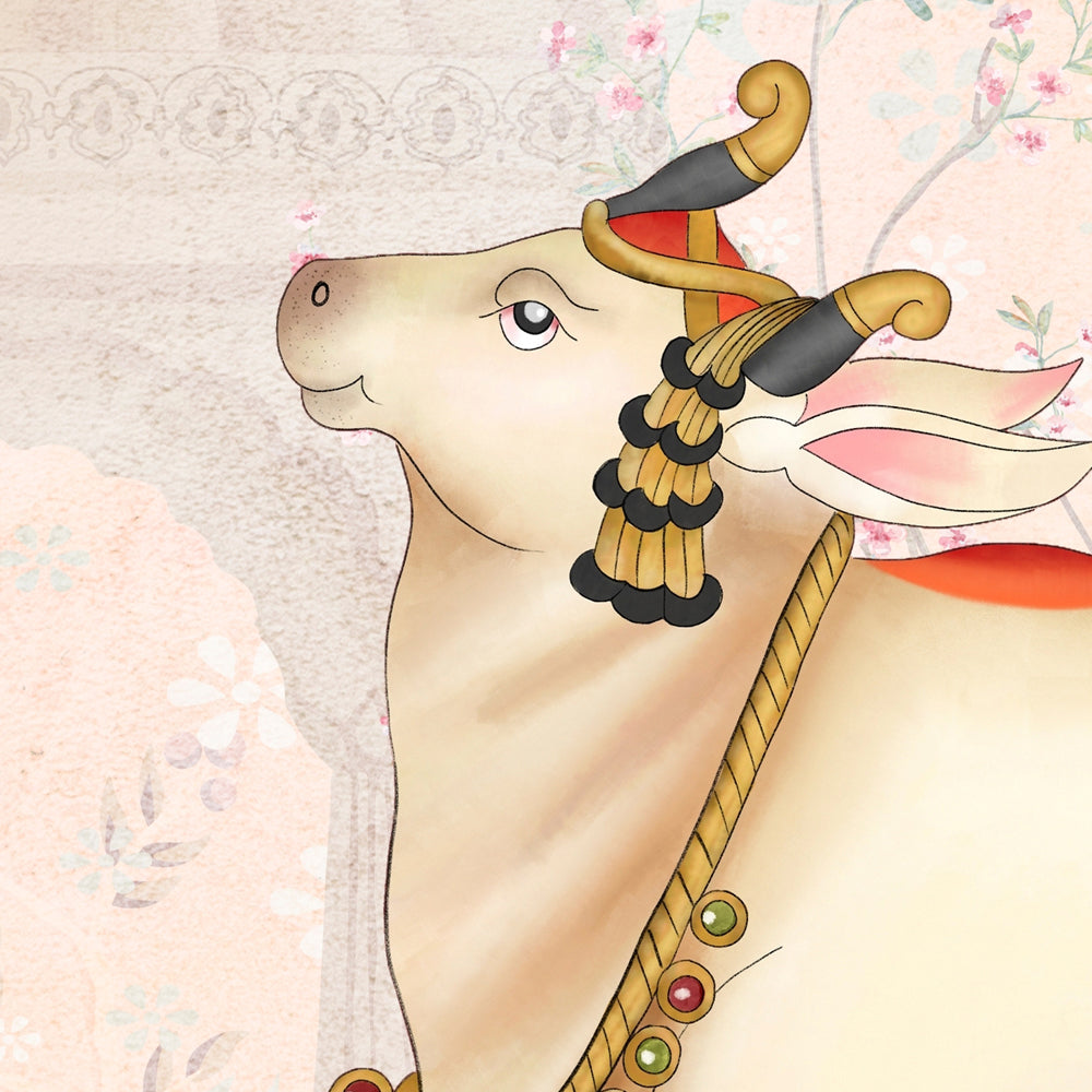 Close-up detail of Pichwai Lotus Court showing the sacred cow and gold ornament