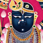 Load image into Gallery viewer, Close-up detail showing Shrinathji with jewelled crown and layered pearl malas against a magenta lattice ground