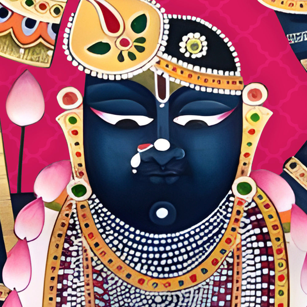 Close-up detail showing Shrinathji with jewelled crown and layered pearl malas against a magenta lattice ground