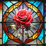 Load image into Gallery viewer, Close-up detail of Stained Rose Cathedral showing a red rose in a leadlight medallion
