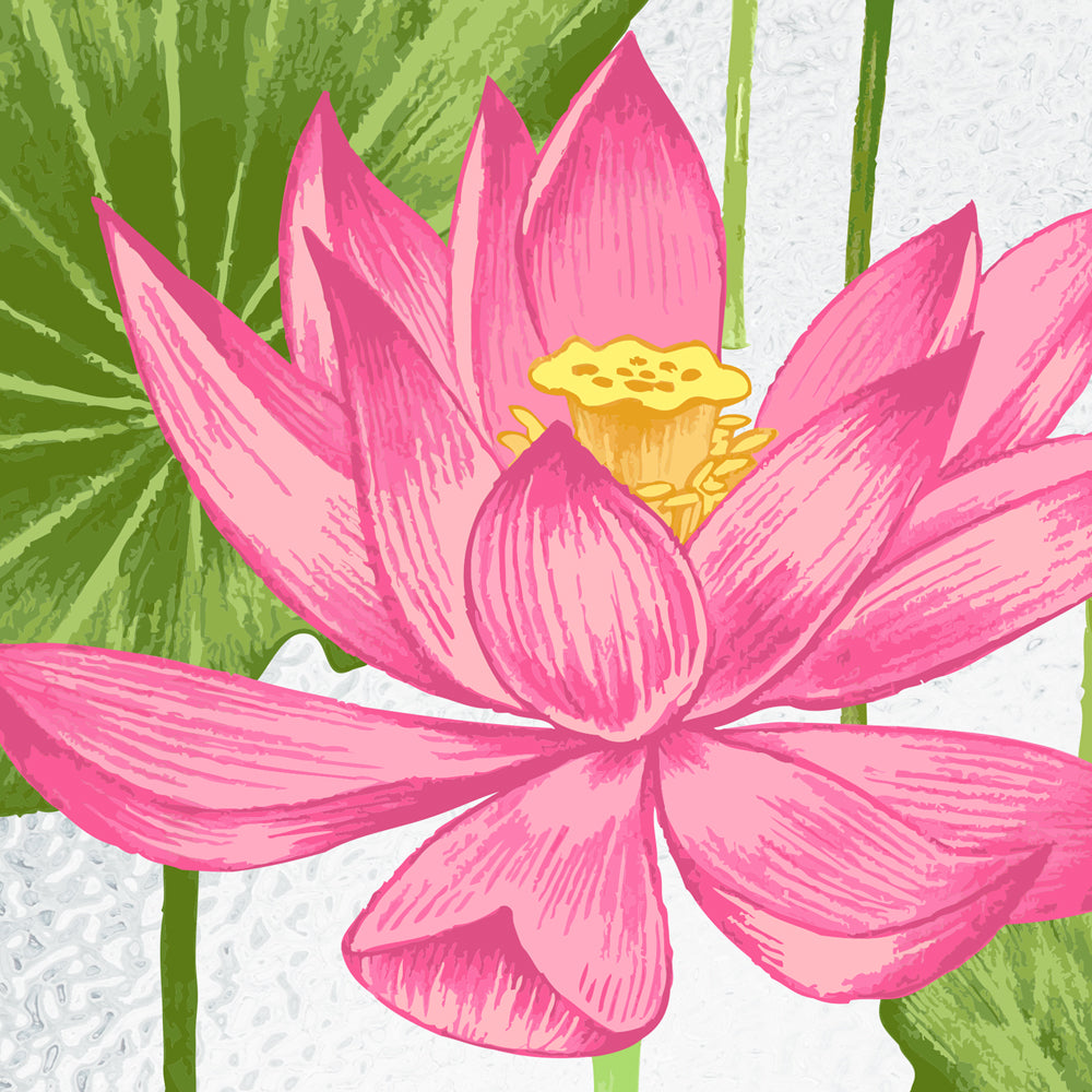 Close-up detail of Pink Lotus Pond showing lotus bloom on frosted texture