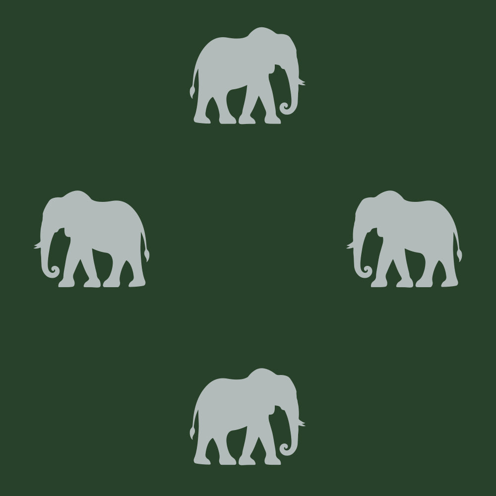 Close-up detail showing grey elephant silhouettes evenly spaced on deep forest green