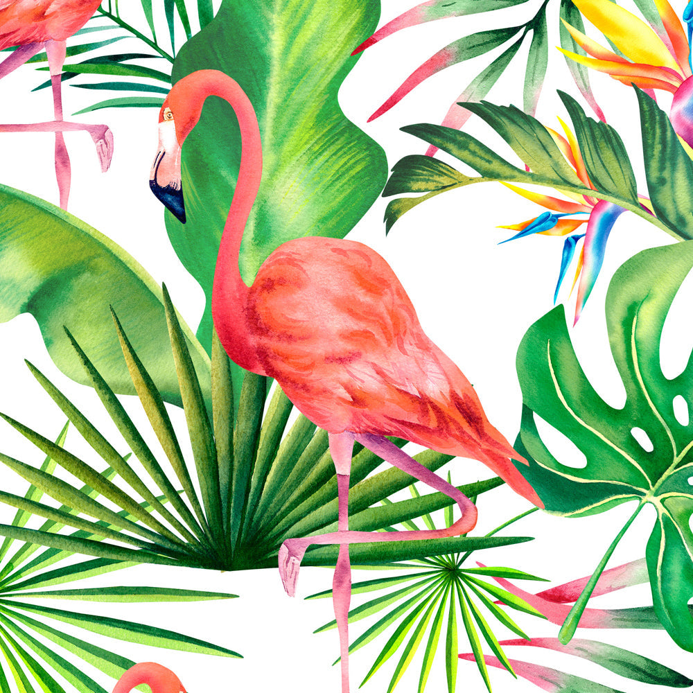 Close-up detail of Coral Flamingo Carnival showing flamingo and bird-of-paradise