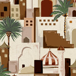 Load image into Gallery viewer, Close-up detail showing stacked houses, a striped dome, arched doorway and date palm