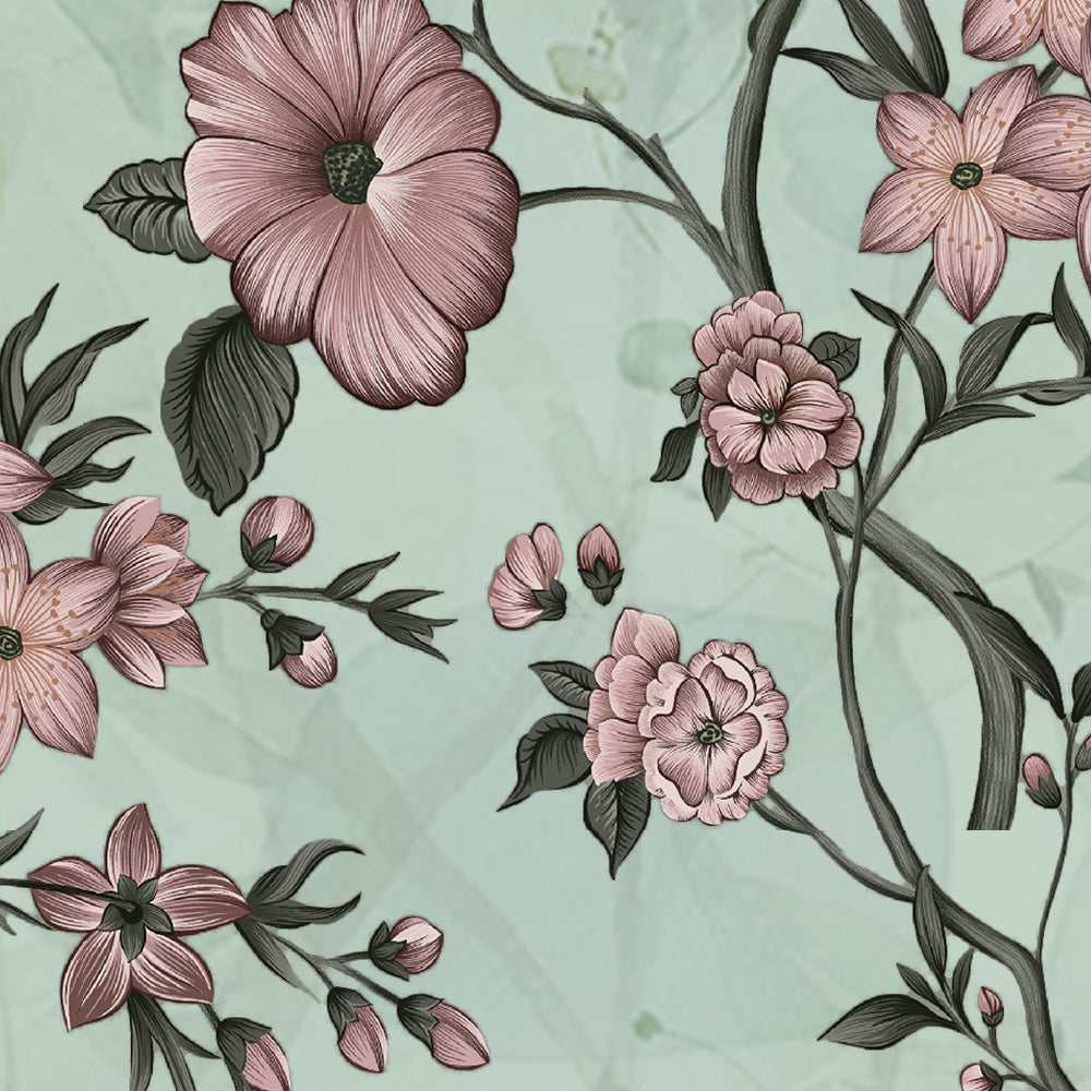 Close-up detail showing rose blooms, buds and fine dark branches on sage