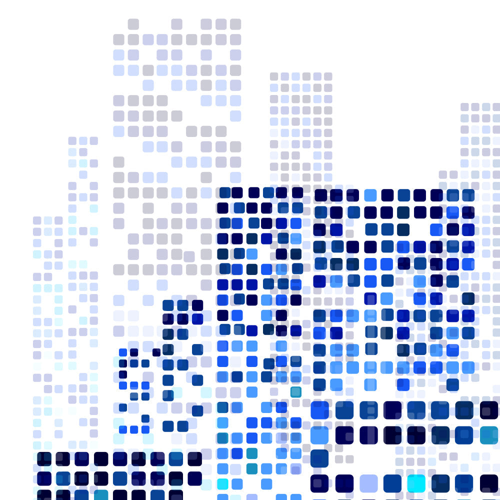 Close-up detail of Pixel Cityscape showing pixelated buildings and gradient