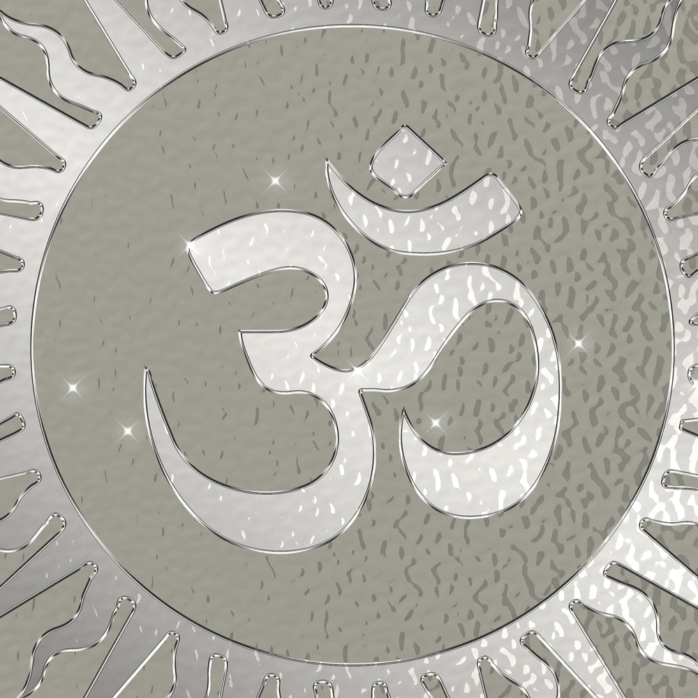 Close-up detail of Celestial Om Rays showing the embossed silver Om disc