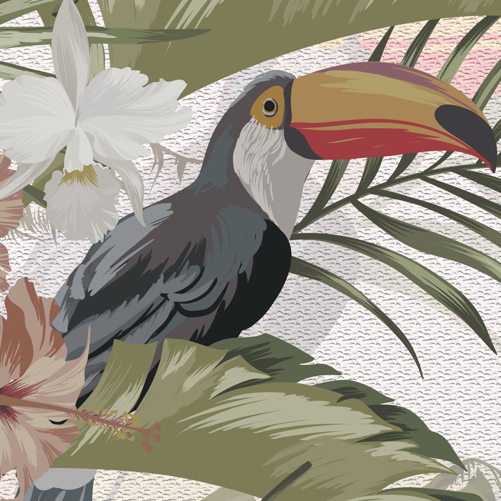 Close-up detail of Faded Toucan Paradise showing toucan beak and orchid
