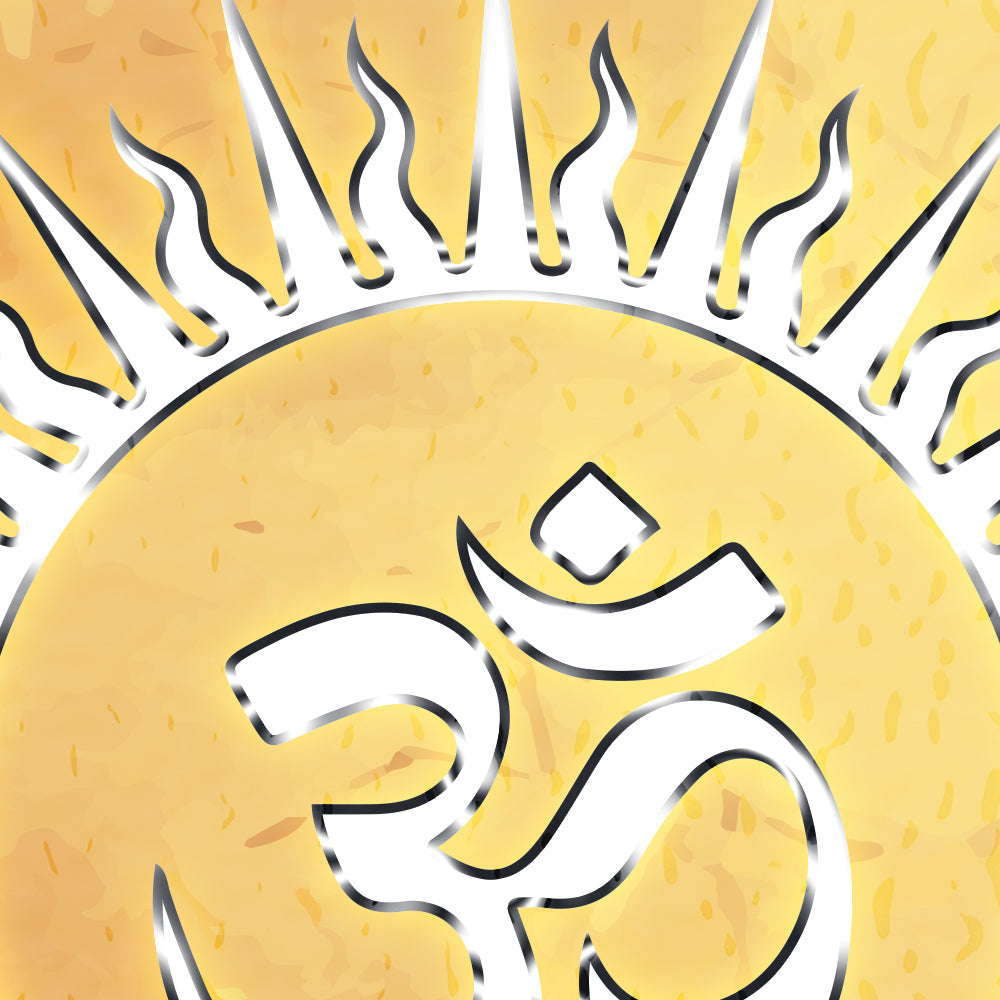 Close-up detail of Shivaya Divine Spiral showing the rayed Om disc