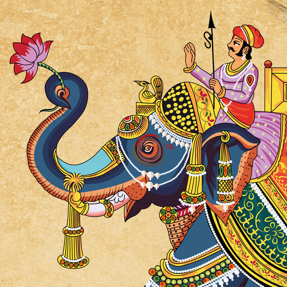 Close-up detail showing the elephant's jewelled headdress, lotus in trunk and turbaned rider with spear
