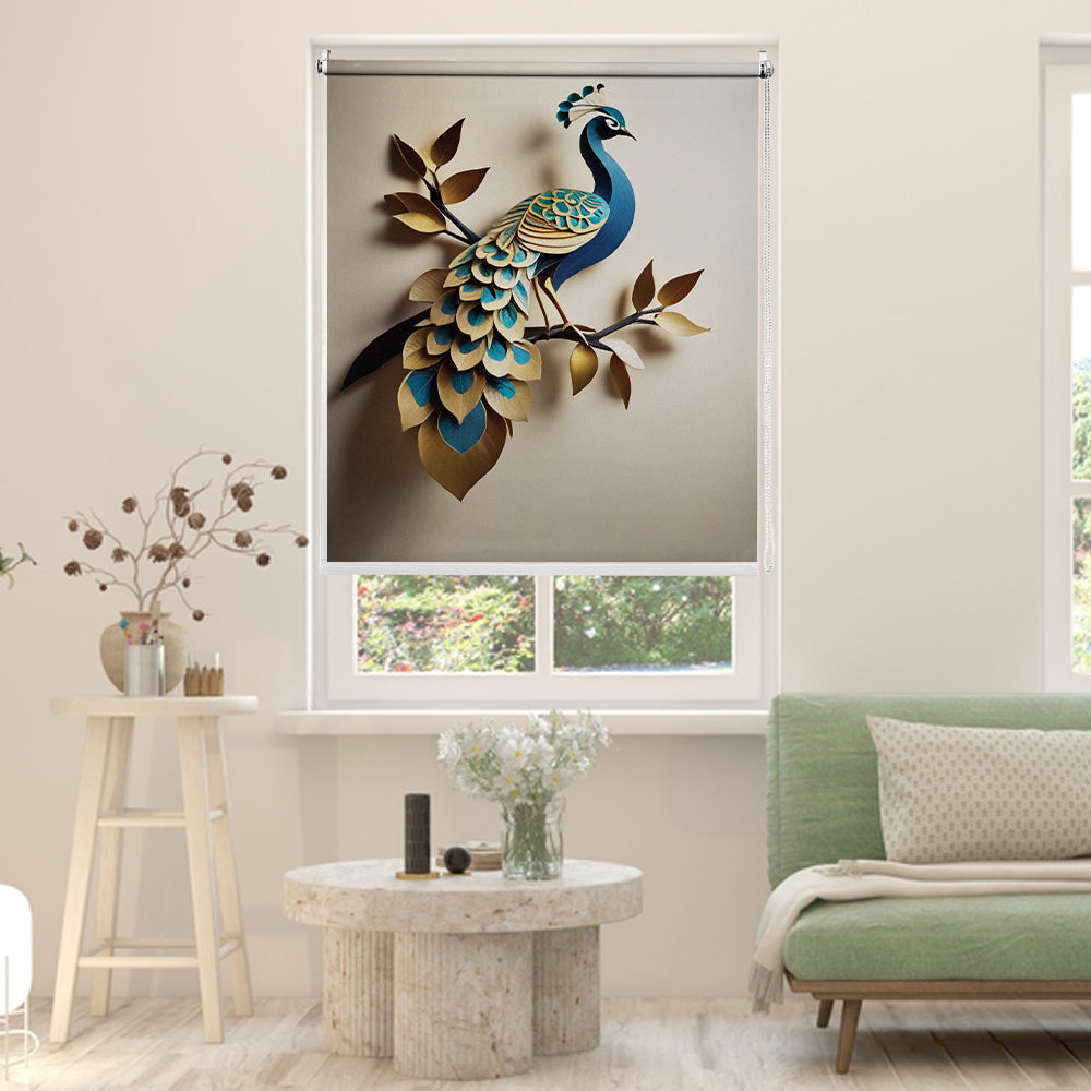Papercraft peacock blind in teal and gold on warm greige — Lolli & Omi