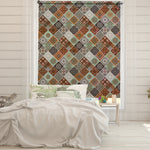 Load image into Gallery viewer, Boho blackout window blind with a diagonal mandala tile patchwork in sage green, terracotta and chocolate brown - Lolli &amp; Omi