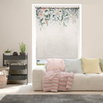 Load image into Gallery viewer, Floral blackout window blind with eucalyptus leaves and blush peonies trailing across the top of a soft ivory ground - Lolli &amp; Omi