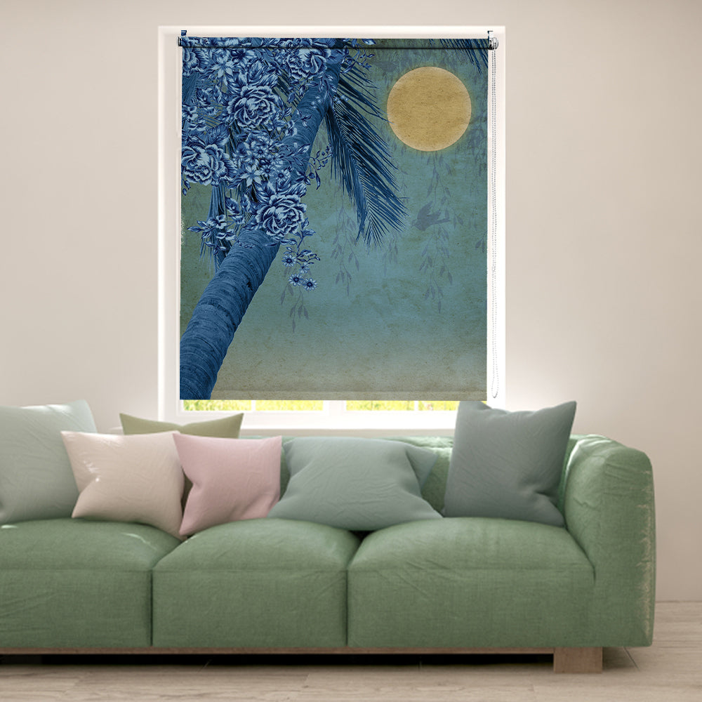 Blue blackout window blind with an indigo palm wrapped in chinoiserie peonies and a gold moon on a sage ground - Lolli & Omi
