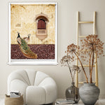 Load image into Gallery viewer, Indian blackout window blind with two peacocks below a carved jharokha window on a gold damask wall - Lolli &amp; Omi